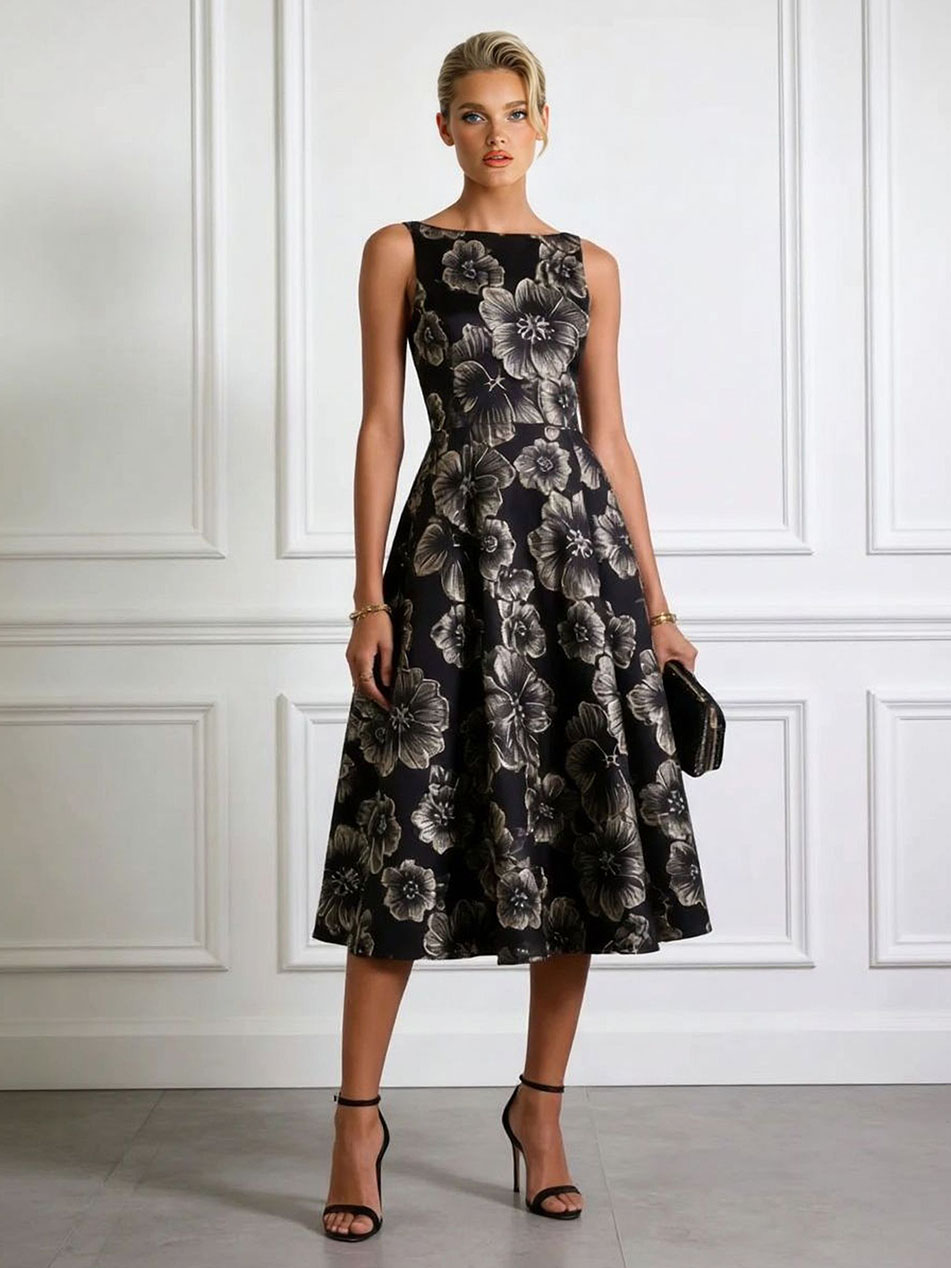 Elegant Gold Floral Jacquard Midi Dress