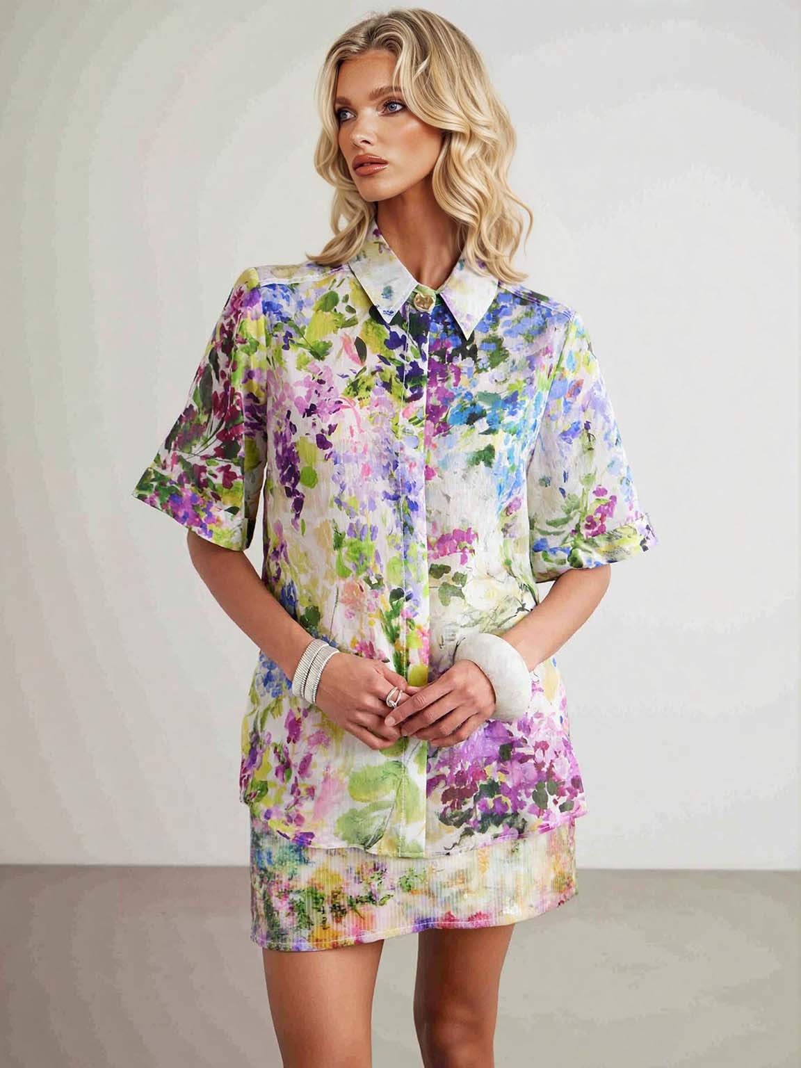 Elegant Floral Print Sequin Top & Skirt Two-Piece Set