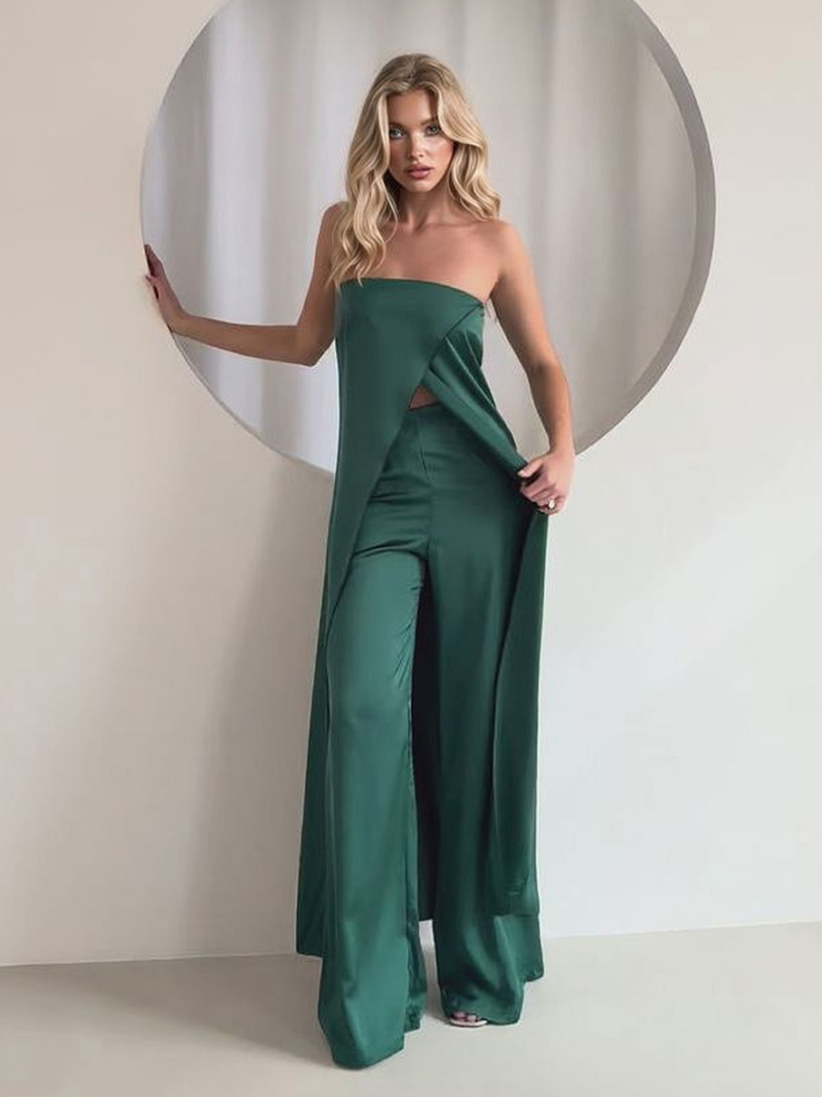 Elegant Strapless Satin Top & Pants Two-Piece Set