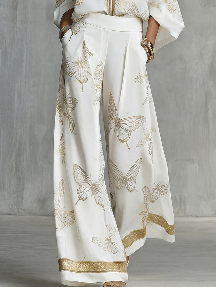 Elegant Butterfly Print Zip Shirt