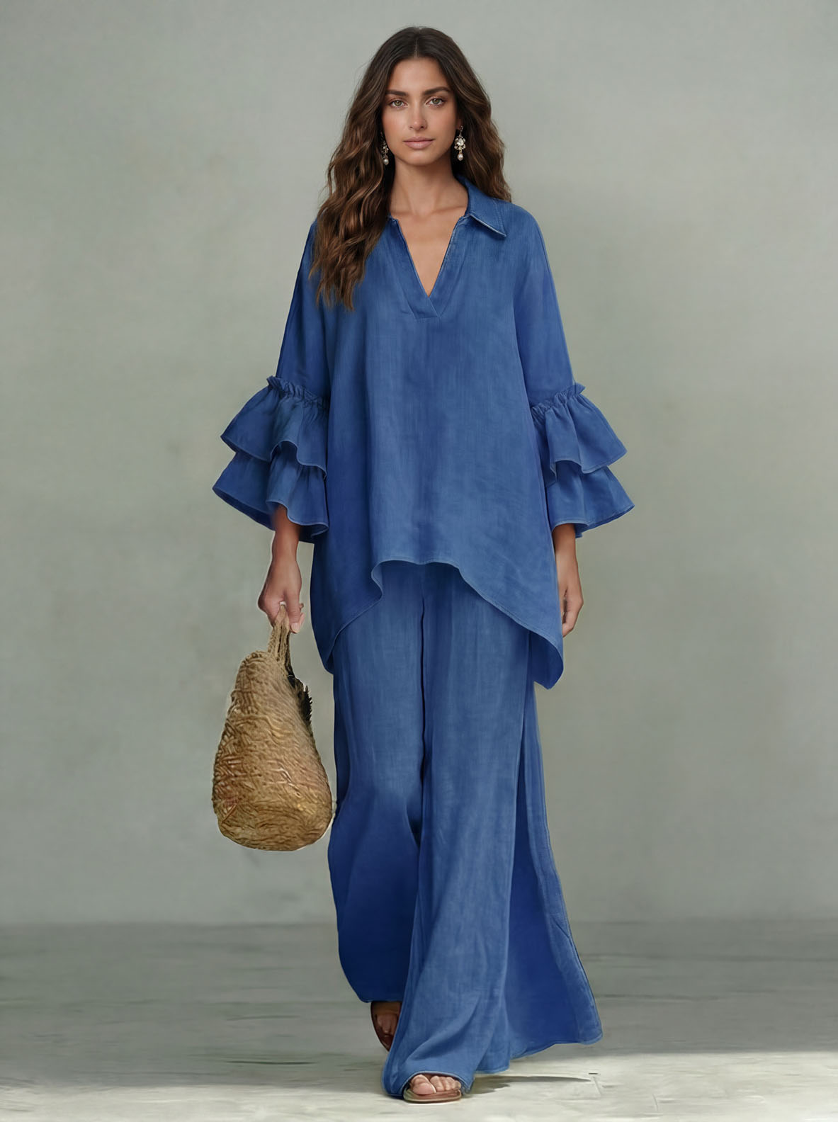 Casual Ruffle Sleeve V-Neck Top & High Waist Wide Leg Pants Set
