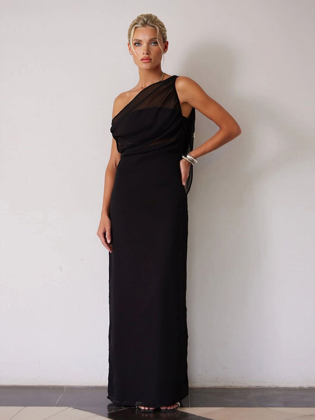 Elegant One-Shoulder Ruched Waist Flowy Maxi Dress