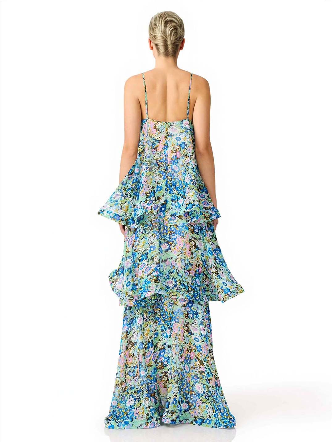 Elegant Vibrant Floral Print Tiered Ruffle Maxi Dress