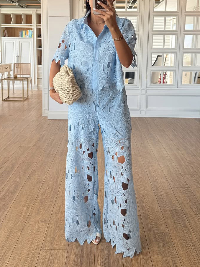Casual Cutout Lace Wide-Leg Pants