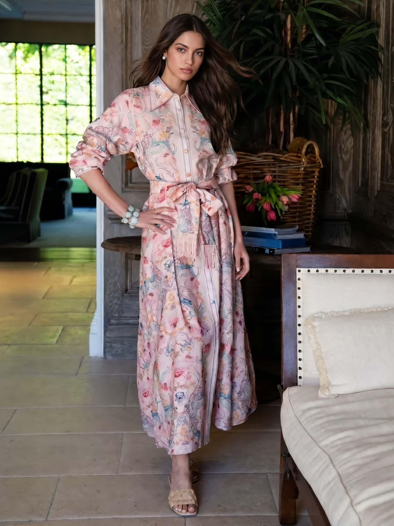 Exquisite Pastel Print Tie-Front Shirt Maxi Dress
