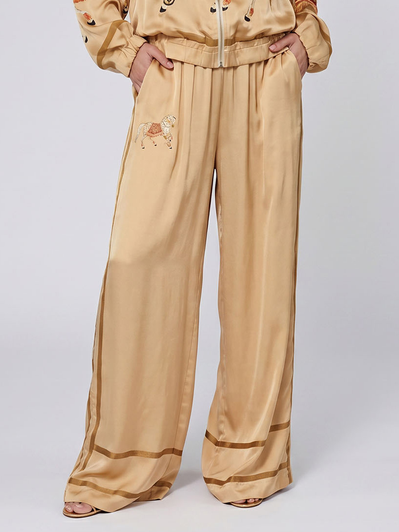 Exquisite Satin Horse Print Zip-Up Shirt
