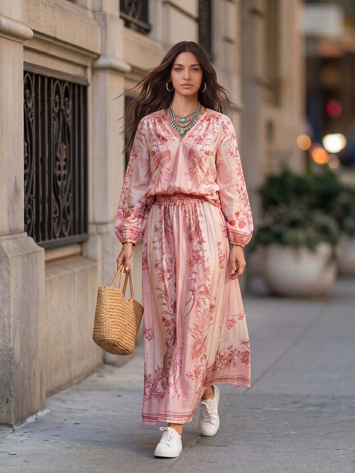 Elegant Retro Ethnic Print Two-Piece Dress