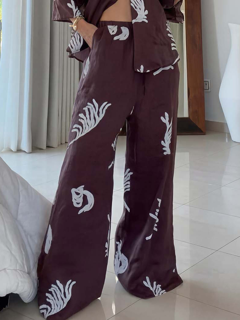 Exquisite Tropical Leaf Print Shirt & Pants Two-Piece Set