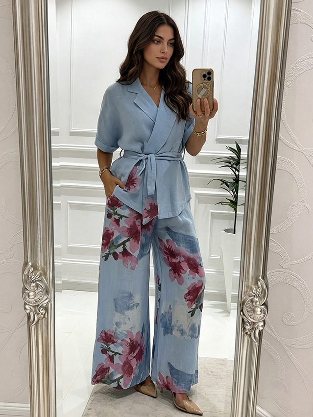 Casual Wrap Top & Floral Print Wide-Leg Pants Two-Piece Set