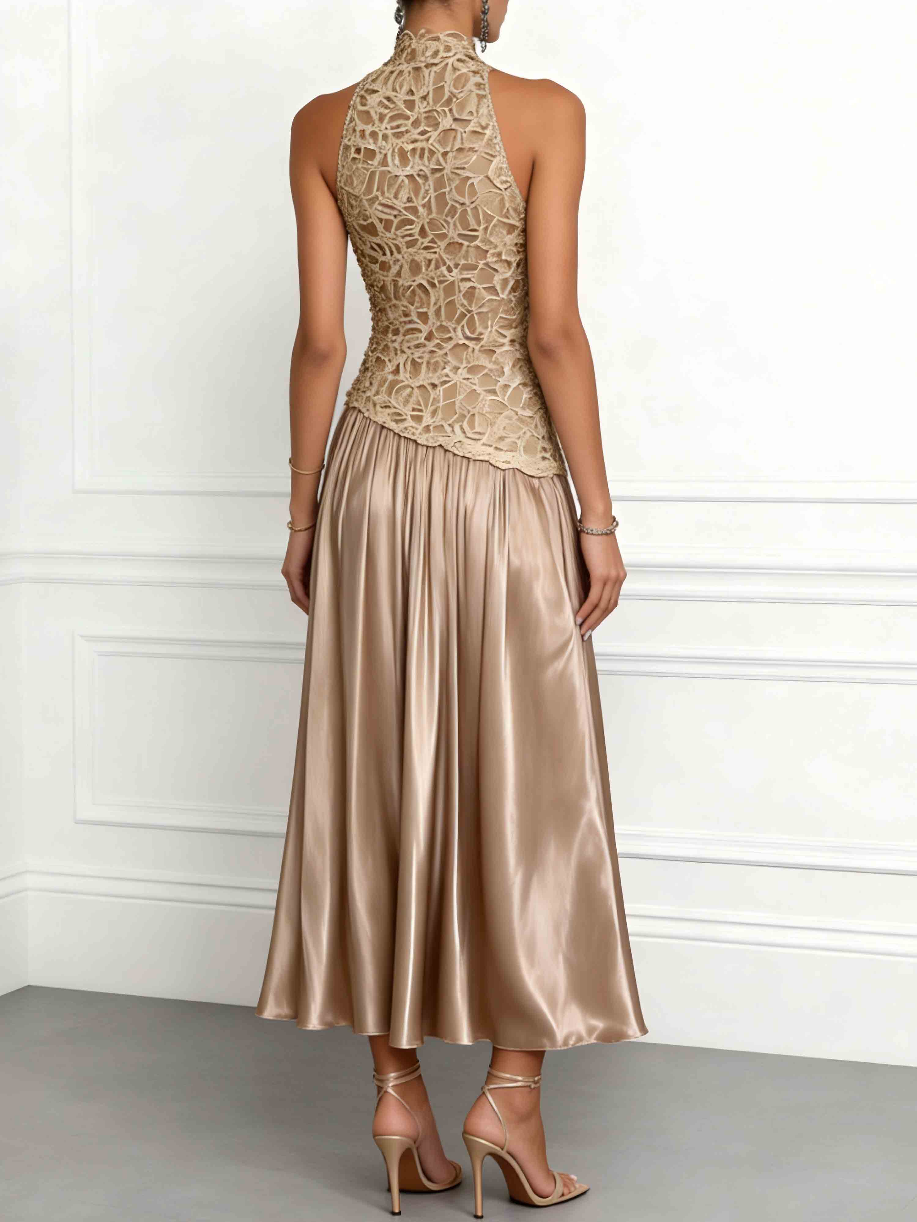 Elegant Backless Lace Satin Maxi Dress