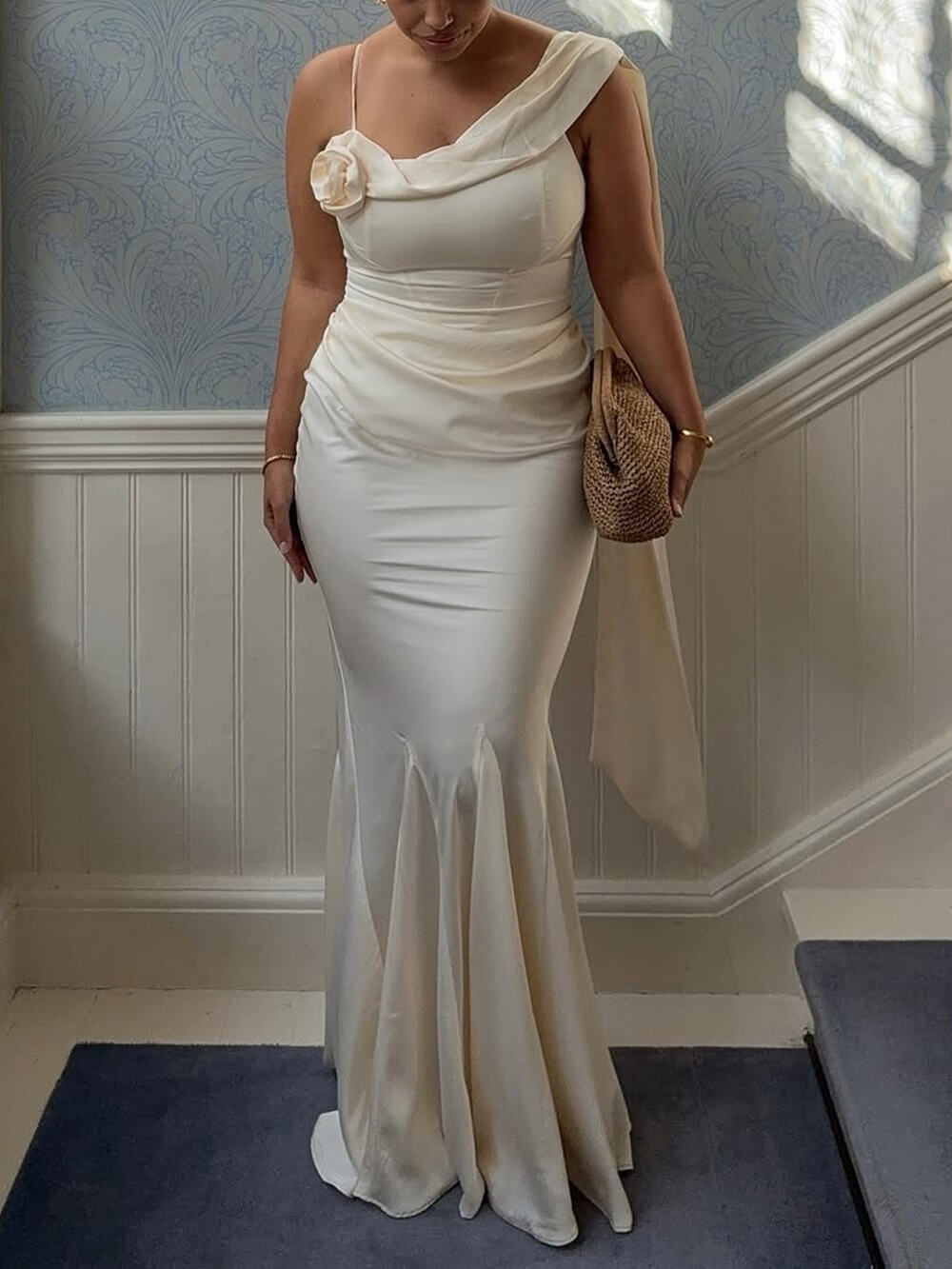 Elegant Pleated Fishtail Ribbon Fitted Party Maxi Dress