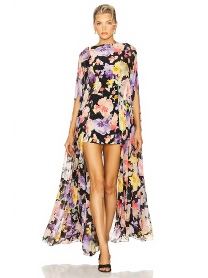 Elegant Floral Print Sheer Cape High-Low Mini Dress