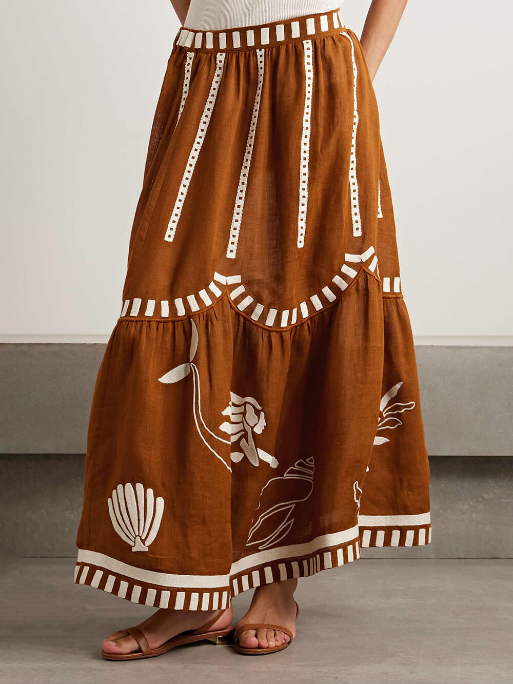 Exquisite Mermaid & Starfish Print Linen-Blend Elastic Waist Maxi Skirt