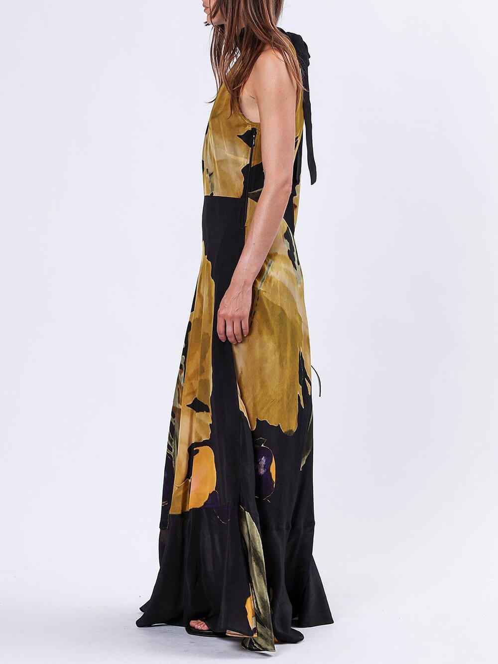 Unique Yellow Floral Print Straight Maxi Dress