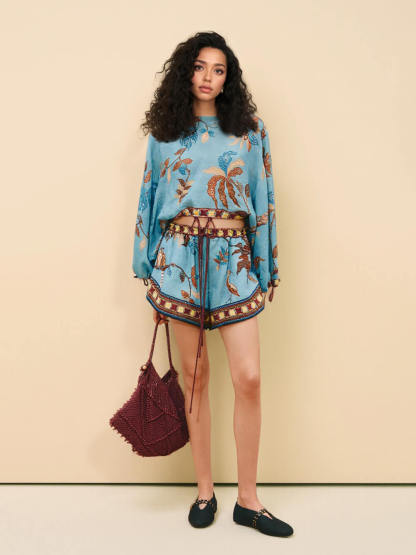 Boho Print Color Block Drawstring Drop Shoulder Top and Shorts Set