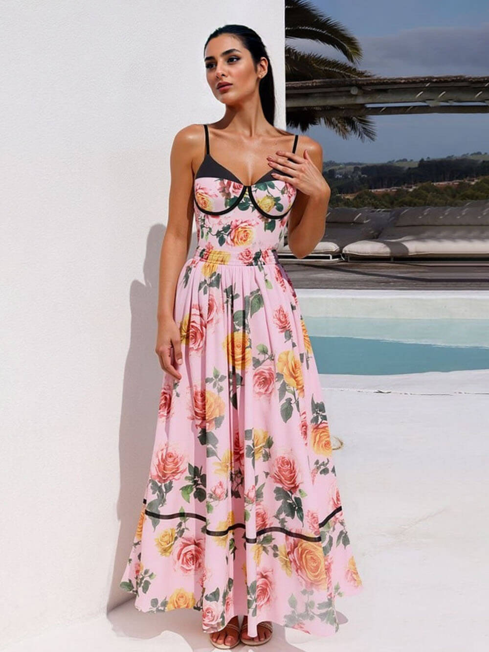 Exquisite Printed Spaghetti Strap One-Piece Swimsuit And Elastic Waist Skirt Set