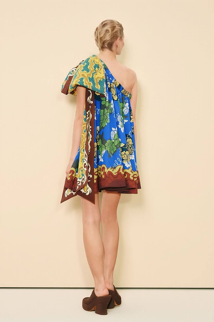 Delicate Printed Bow One-Shoulder Mini Dress