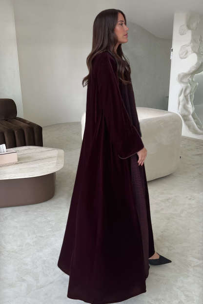 Elegant Burgundy Printed Velvet Robe Cardigan