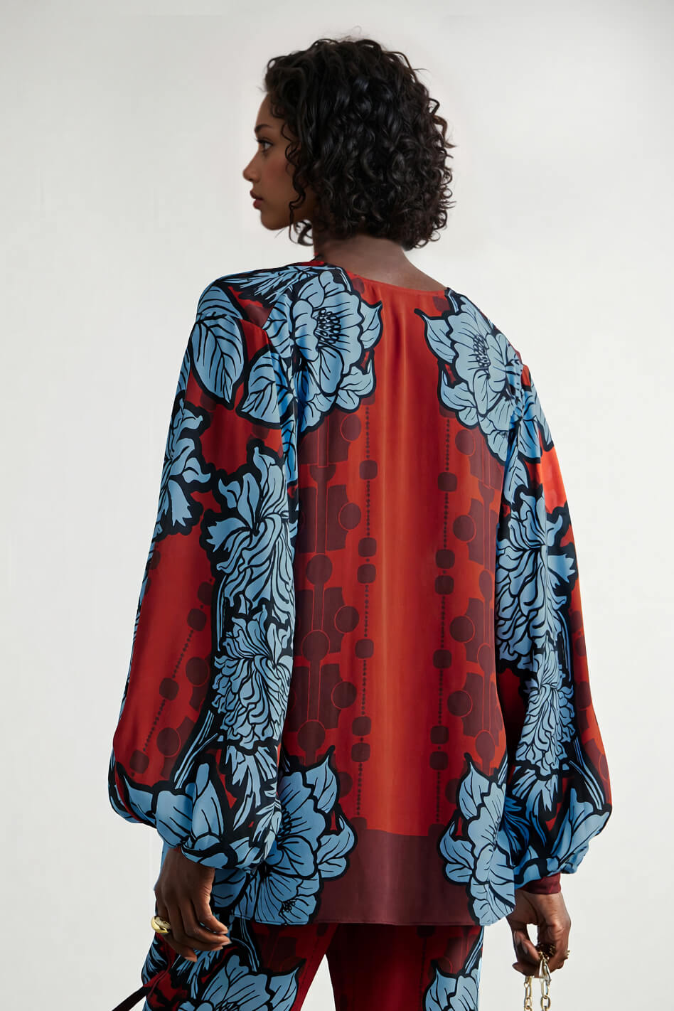 Unique Color-Block Floral Print Satin Piped Pocket Pants