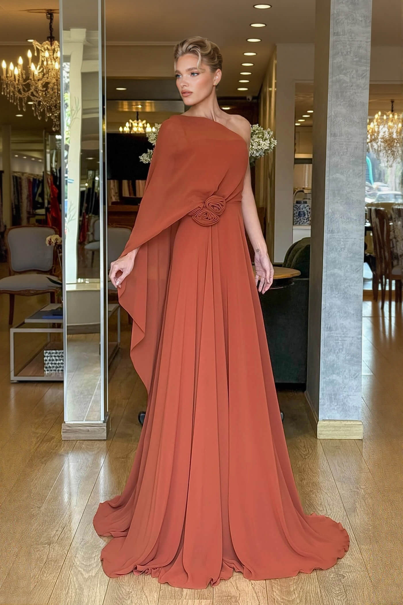 Elegant One-Shoulder Chiffon Flowy Party Maxi Dress