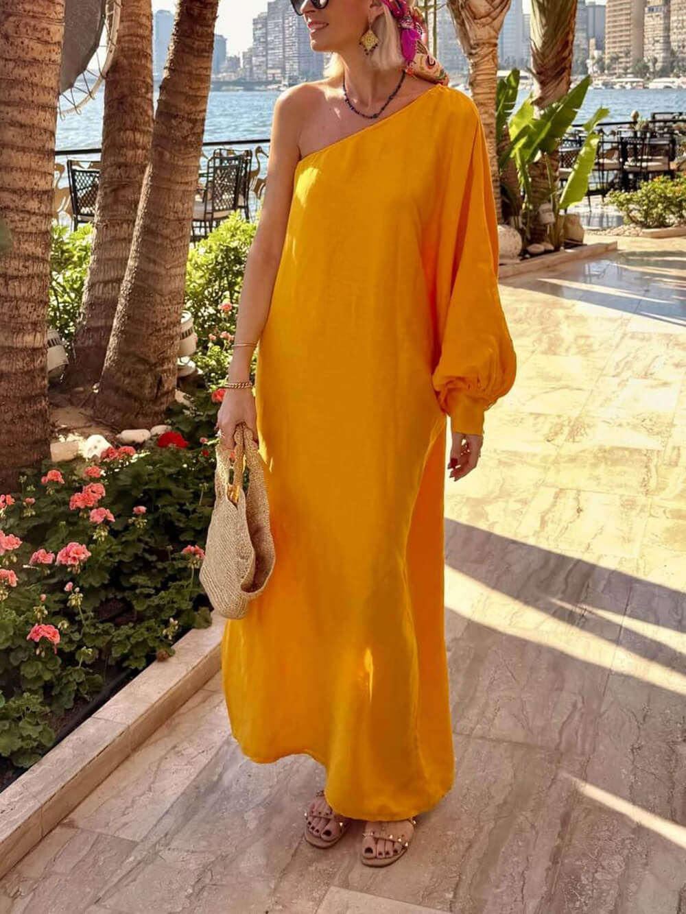 Boho One-Shoulder Slit Vacation Maxi Dress