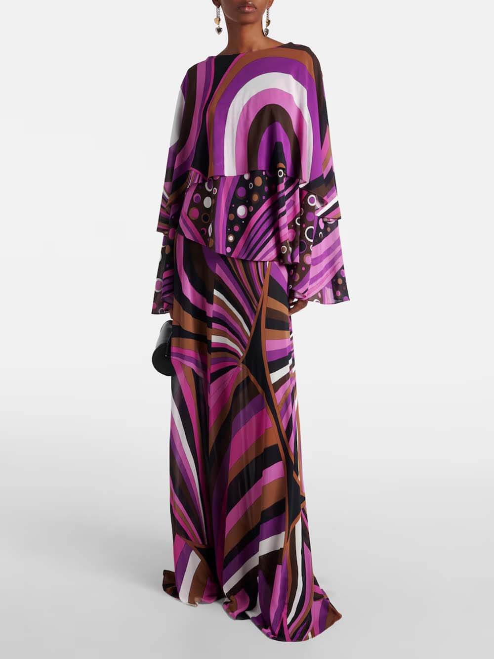 Unique Rainbow Print Layered Satin Maxi Dress