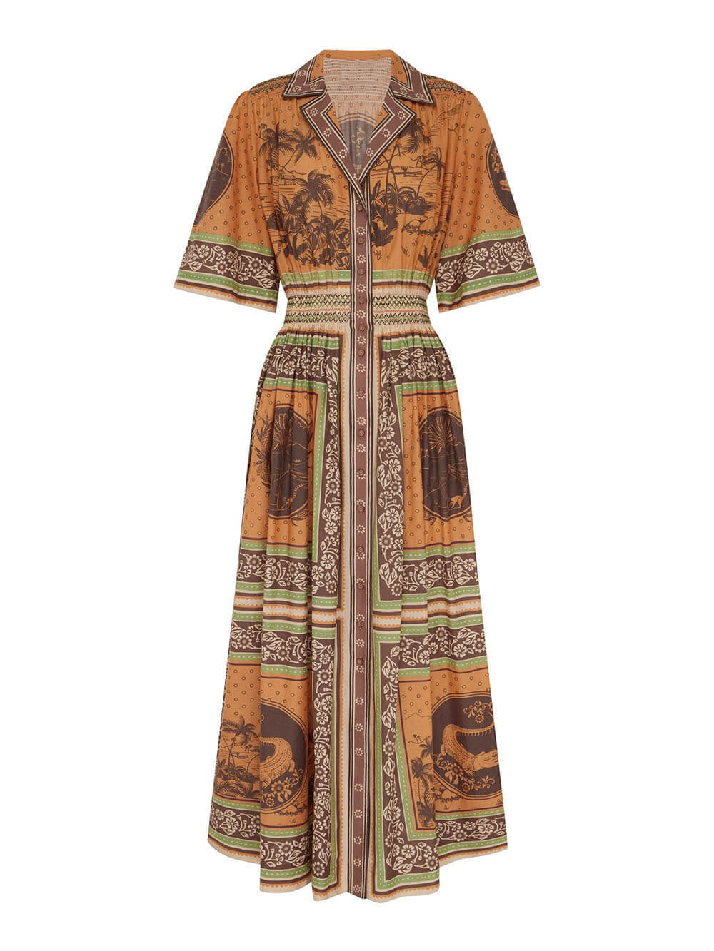 Modern Print Waist-Defined Ruched Button-Front Pocket Maxi Shirtdress