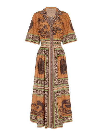 Modern Print Waist-Defined Ruched Button-Front Pocket Maxi Shirtdress