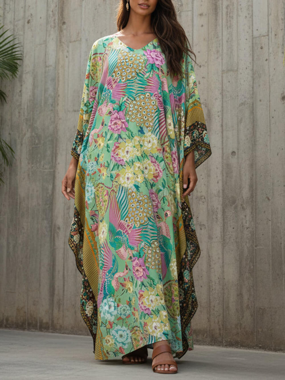 Modern Casual Peacock Print Kimono Beach Maxi Dress