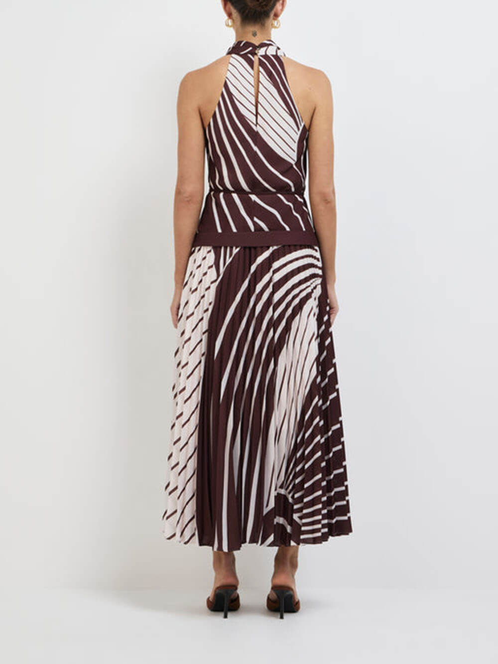 Elegant Striped Print Asymmetrical Hem Pleated Maxi Dress