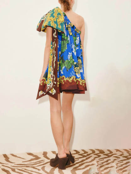 Delicate Printed Bow One-Shoulder Mini Dress
