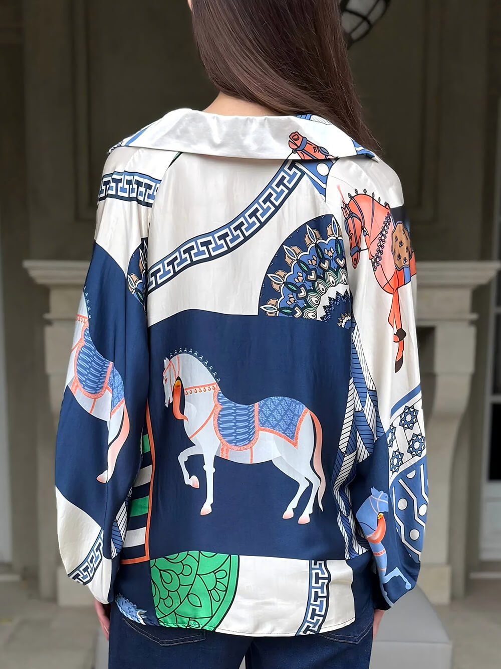 Unique Satin Horse Print Loose Shirt And Elastic Waist Wide-Leg Pants Set