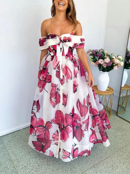 Delicate Playful Floral Print Cinched Waist Maxi Dress