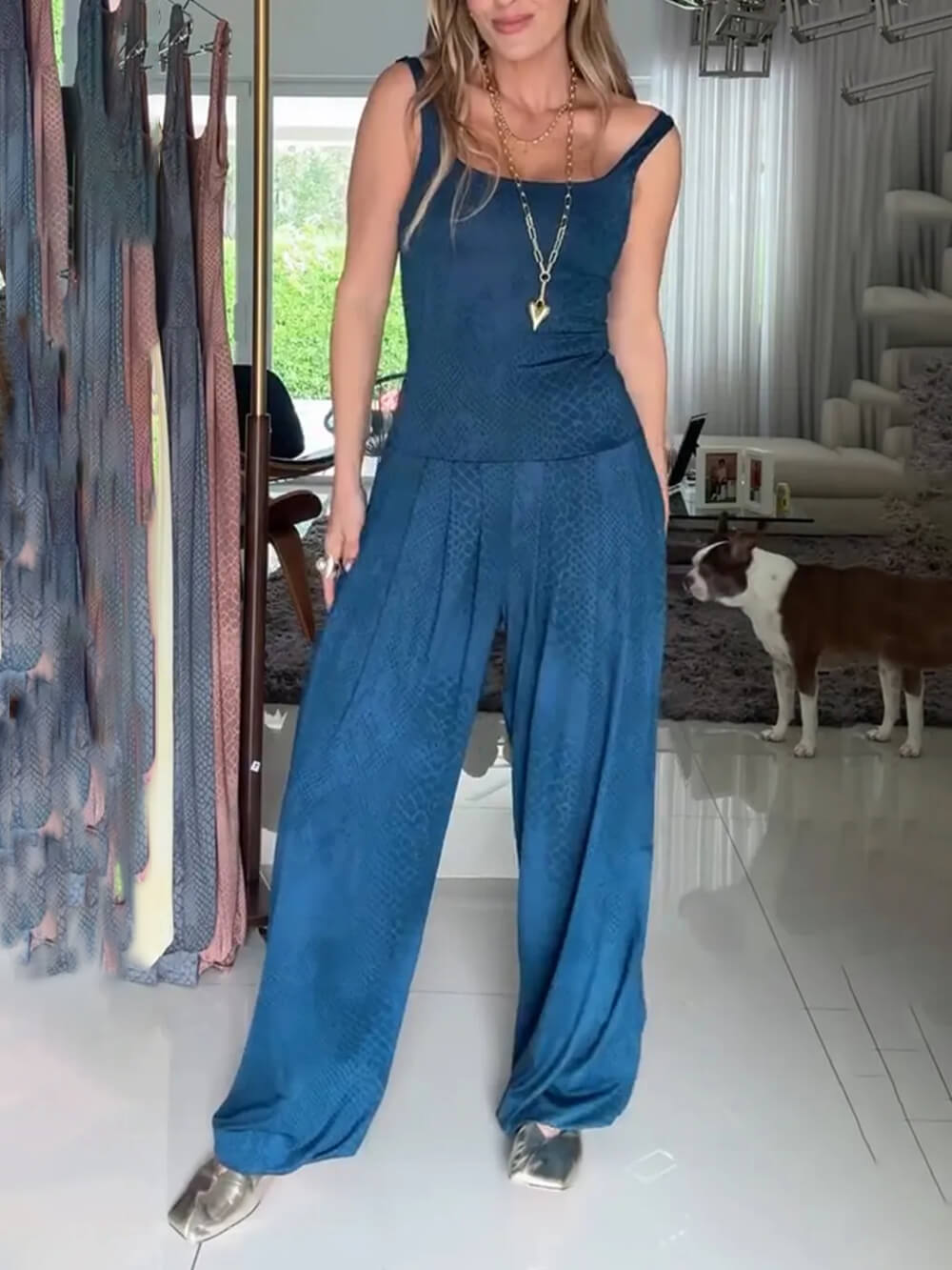 Casual Blue Suspender Printed Jumpsuit