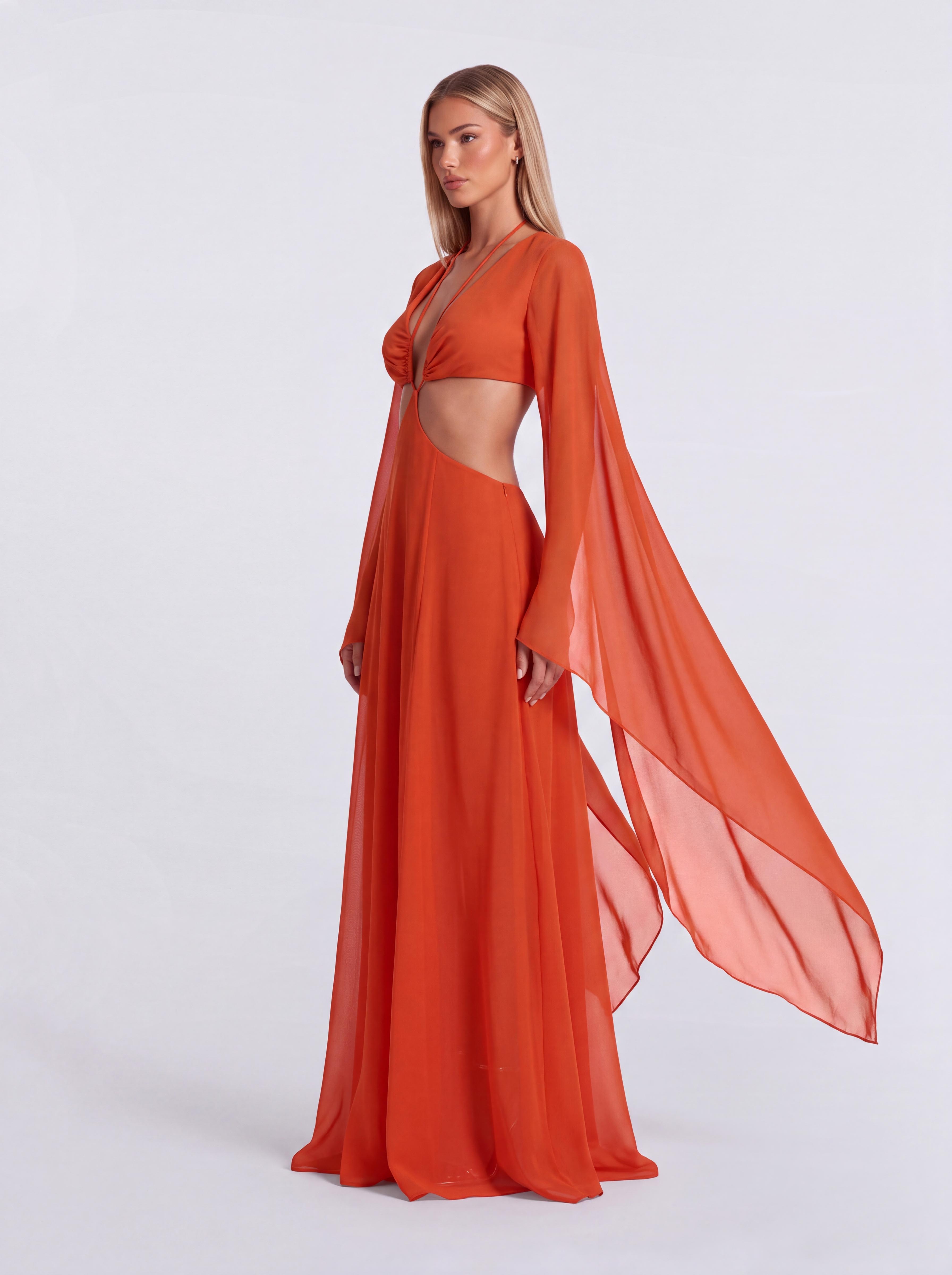 Vacation-style Deep V Cutout Bell Sleeve Chiffon Dress