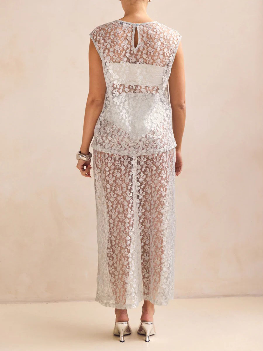 Elegant Lace Embroidered See-through Skirt Two-piece Set