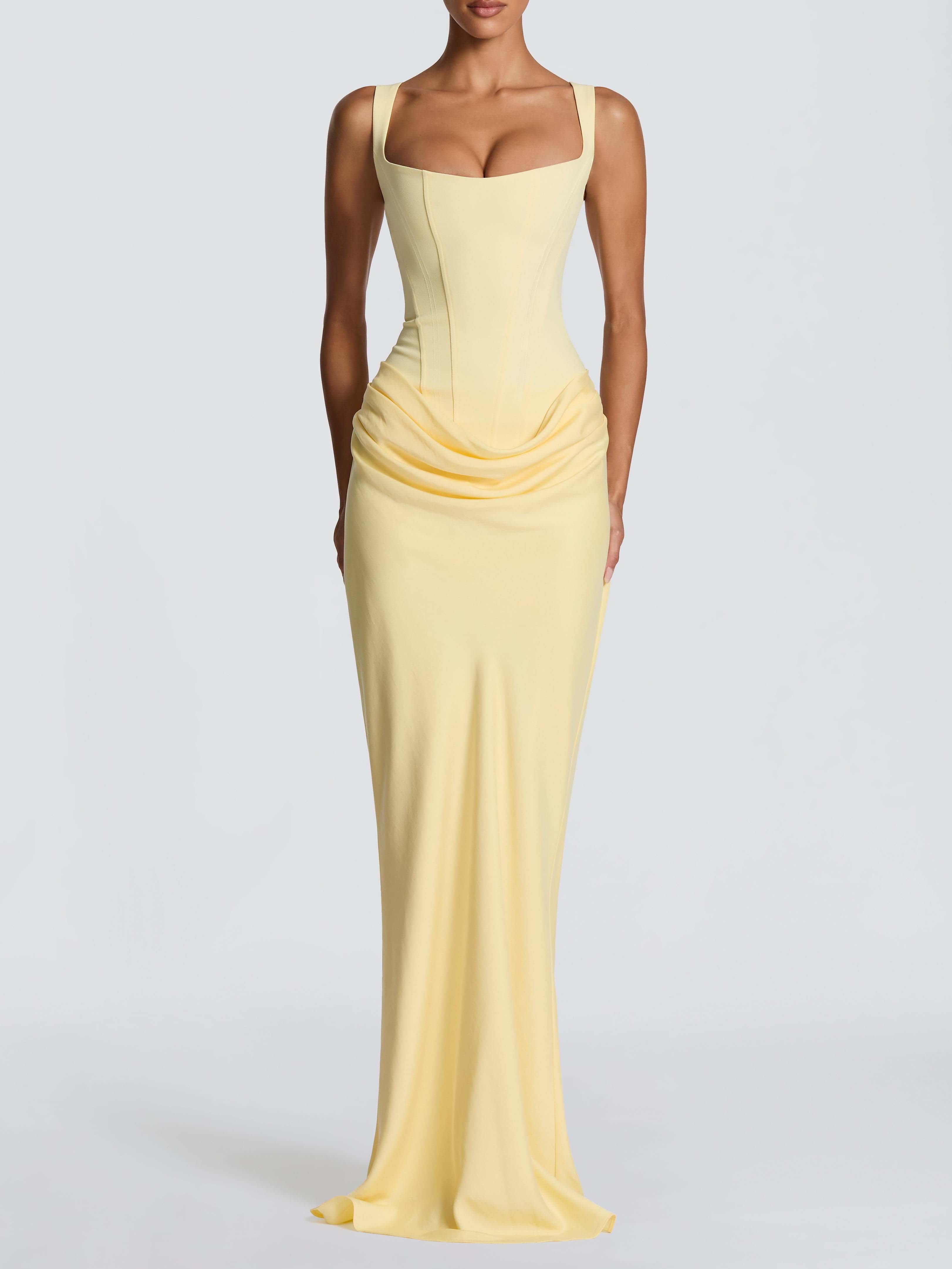 Elegant Square Neck Cinched Top & Ruched Waist Draped Maxi Dress