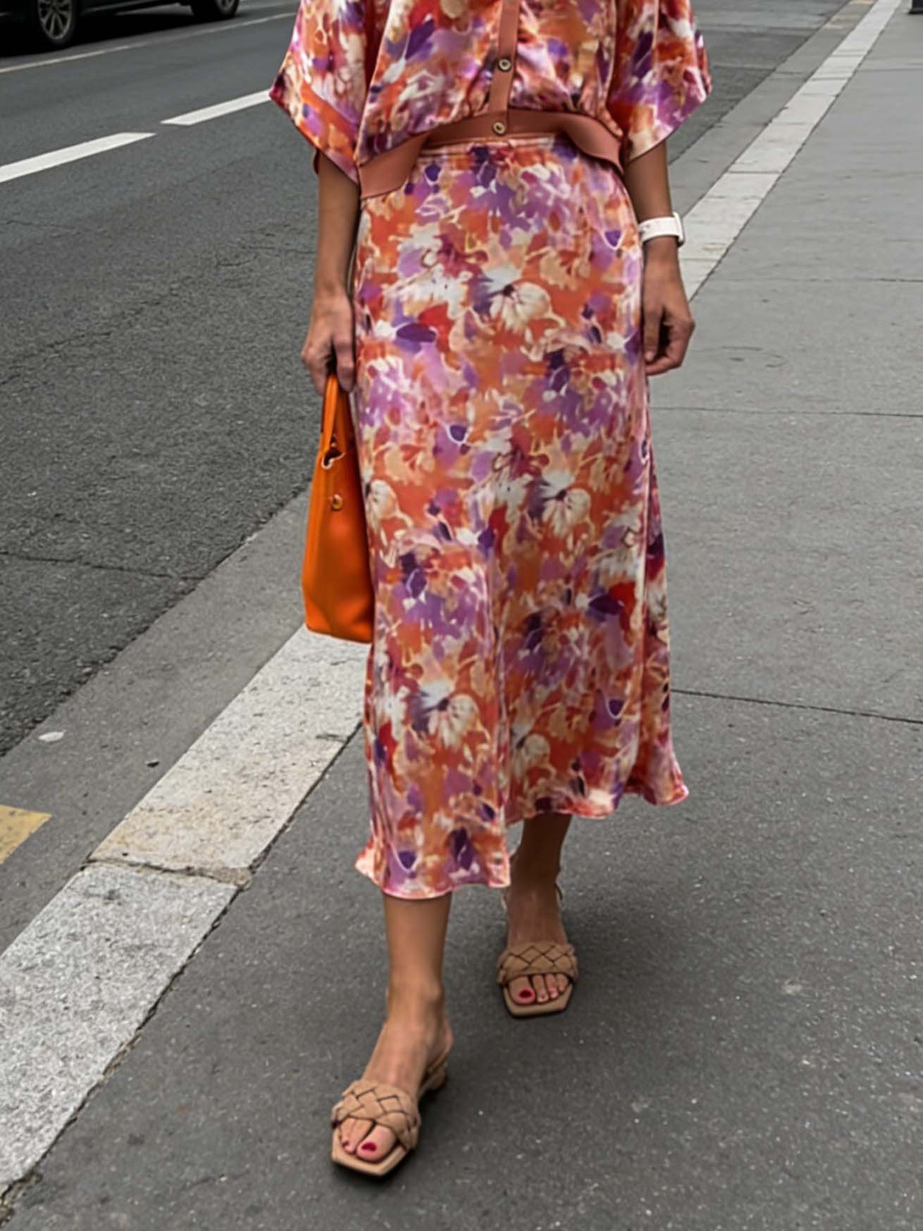 Exquisite Floral Print Satin Batwing Sleeve Shirt