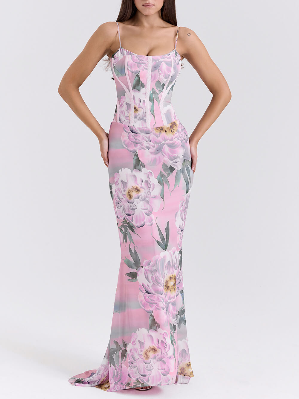 Retro Pink Floral Print Corset Maxi Dress