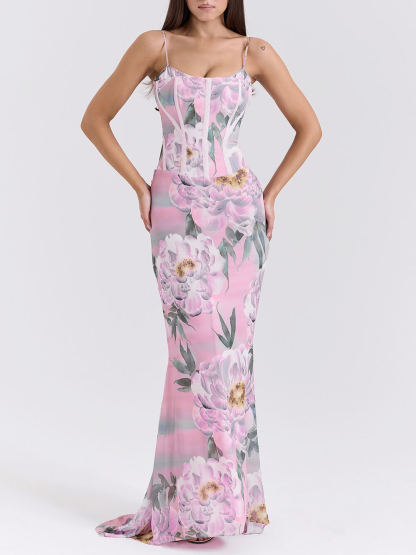 Retro Pink Floral Print Corset Maxi Dress