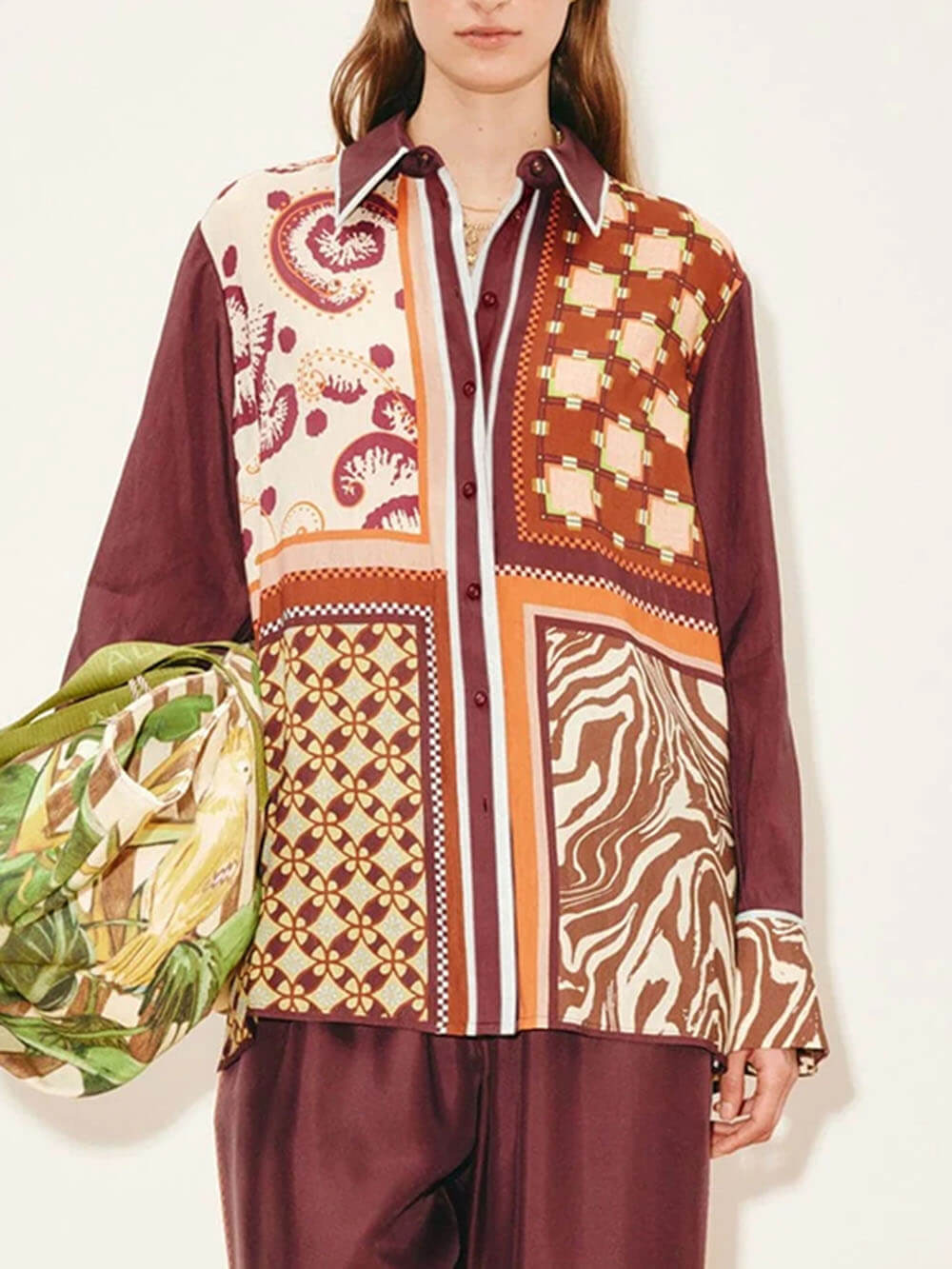 Unique Paisley Color-Block Satin Shirt