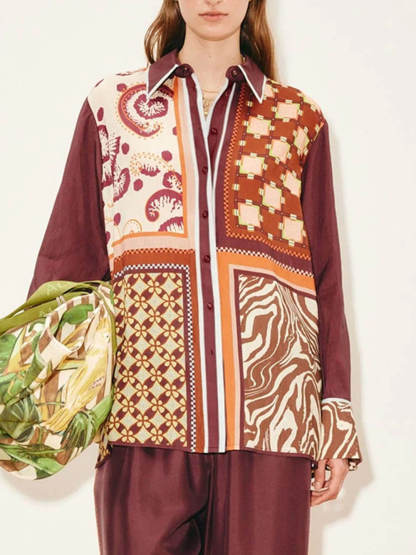 Unique Paisley Color-Block Satin Shirt And Elastic Waist Wide-Leg Pants Set