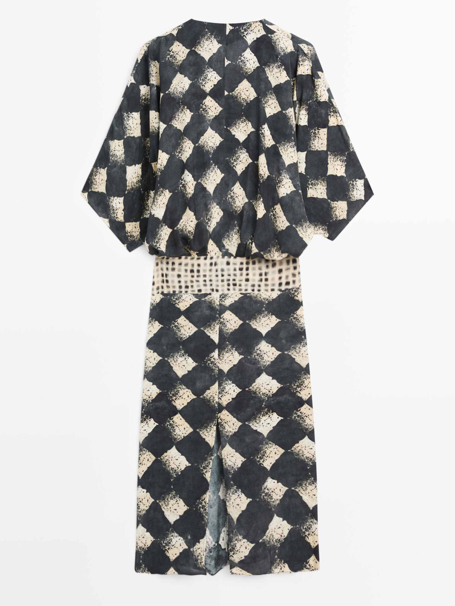 Casual Abstract Plaid Print Kimono Sleeve Maxi Dress