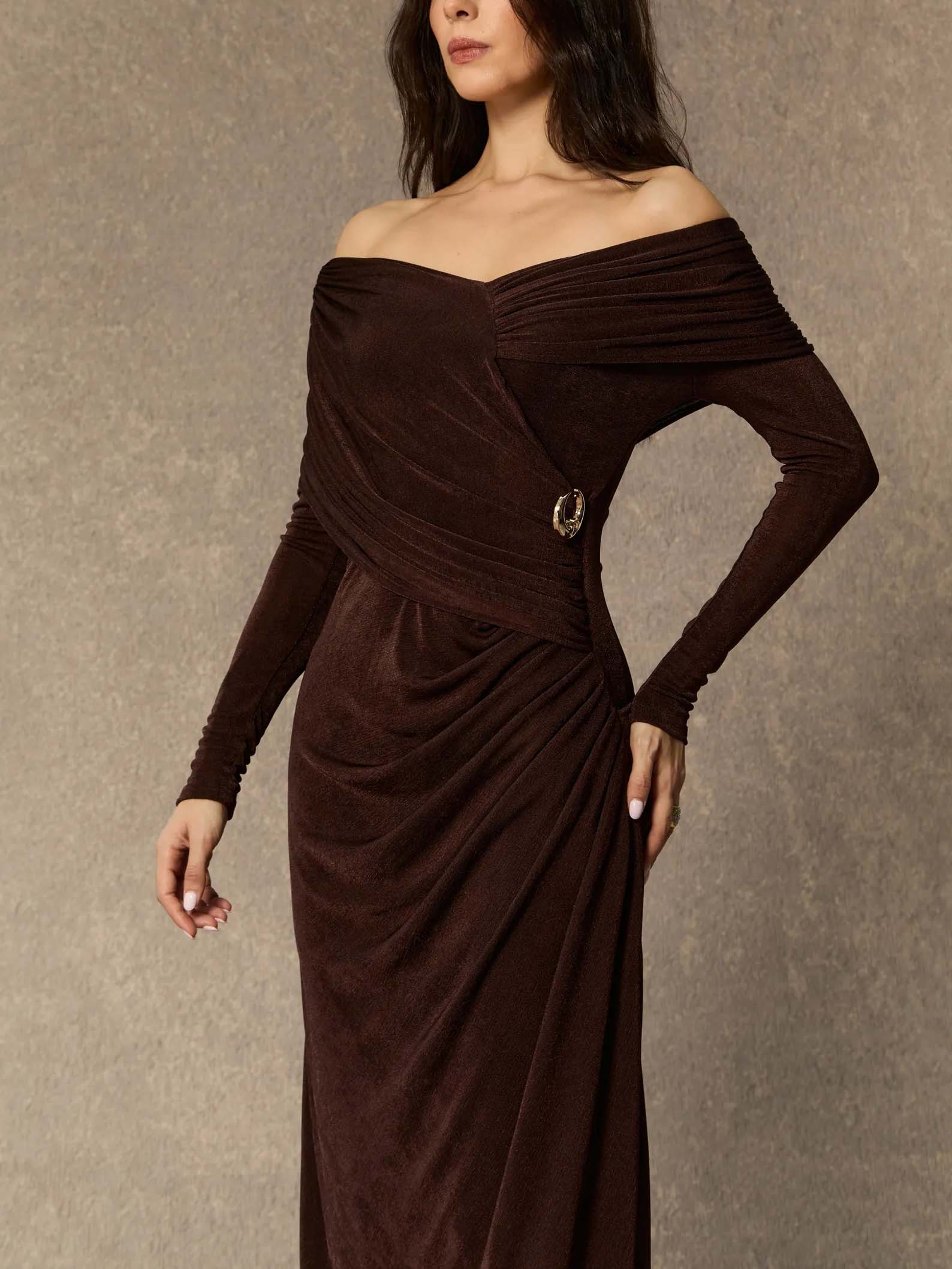 Elegant One-shoulder Pleated Knit Maxi Dress