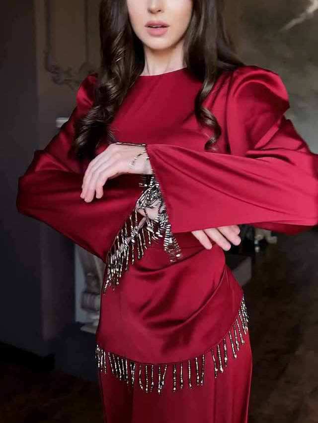 Elegant Satin Beaded Tassel Maxi Dress