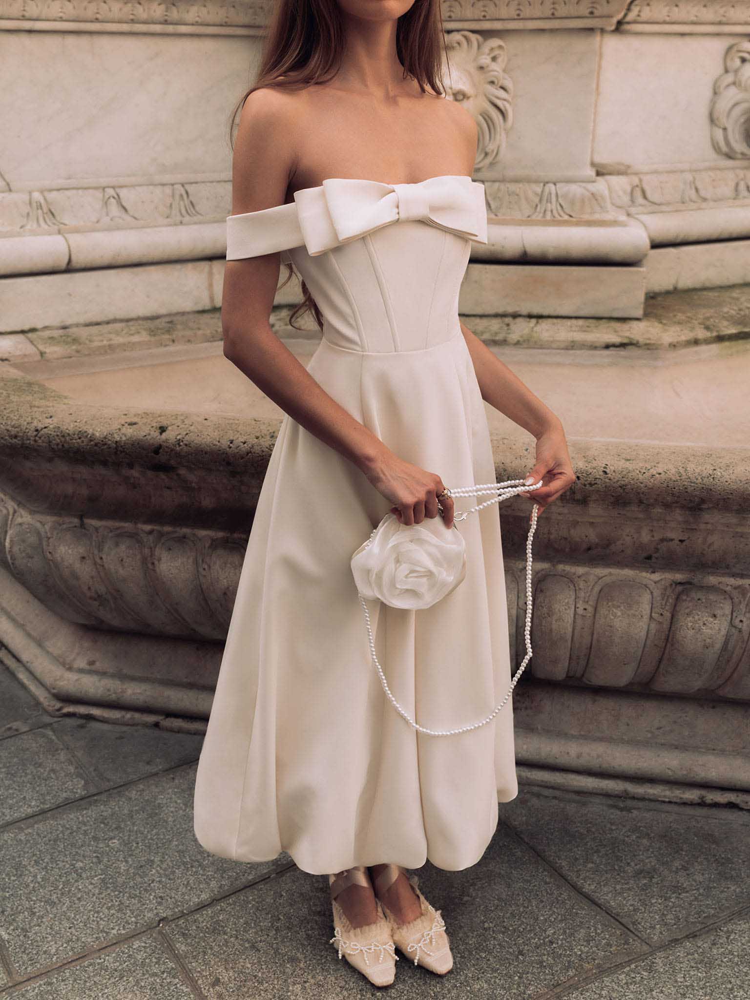 Elegant Bow Off-the-shoulder Puffy Skirt Maxi Dress