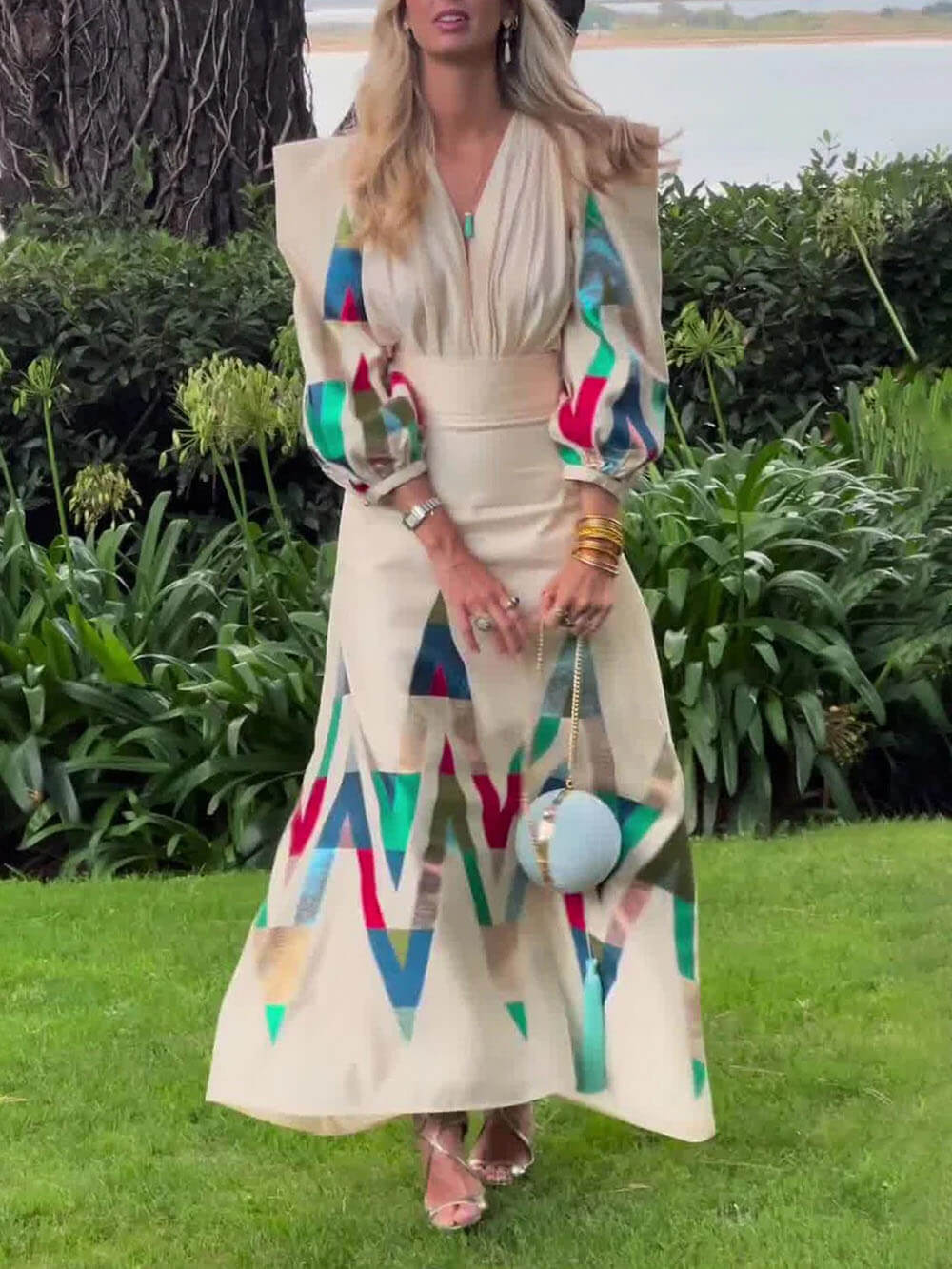 Elegant Floral Square-Neck V-Neck Ruched Lantern Sleeve Blouse