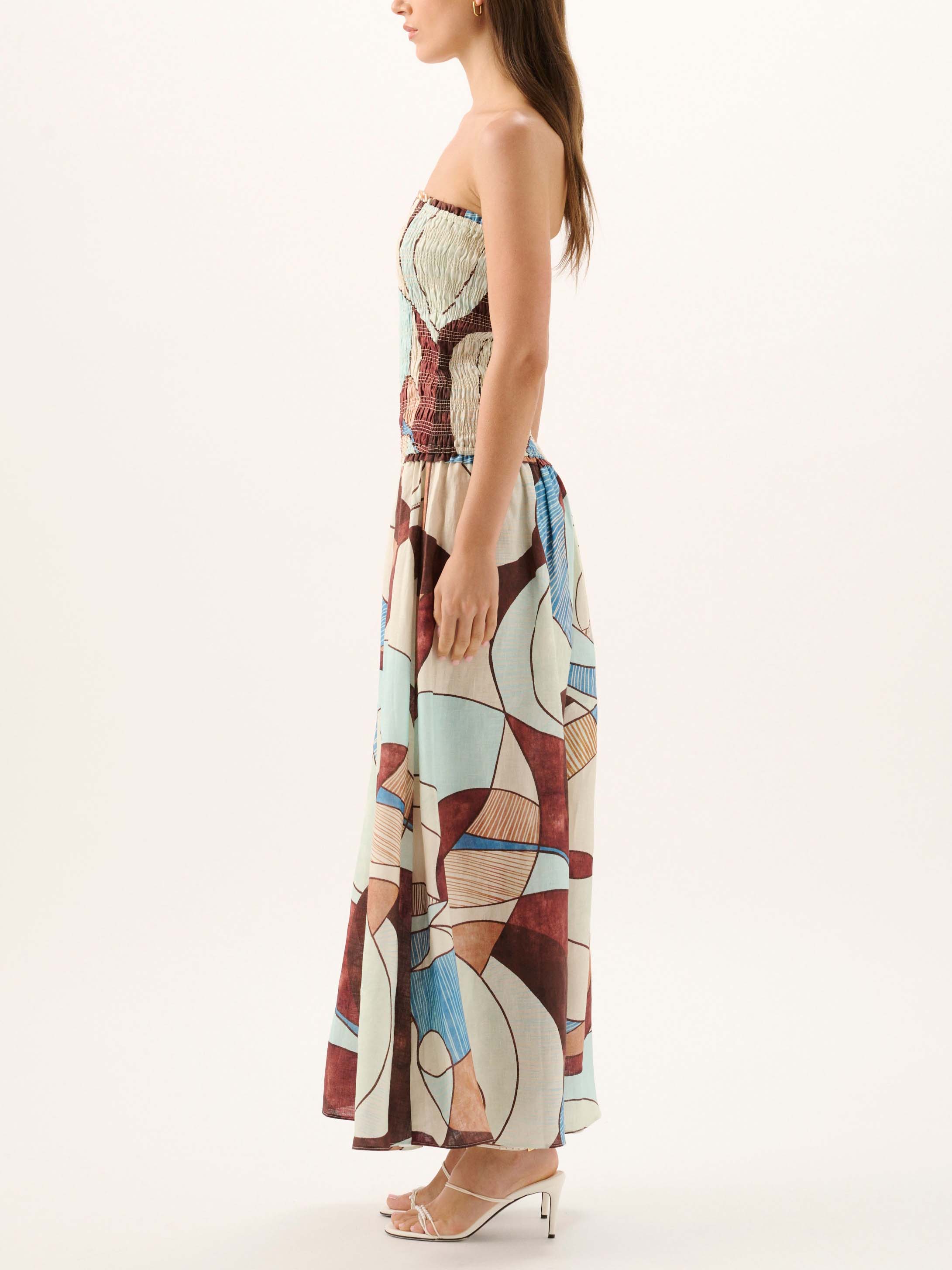 Exquisite Strapless Ruched Abstract Geometric Print Tiered Maxi Dress