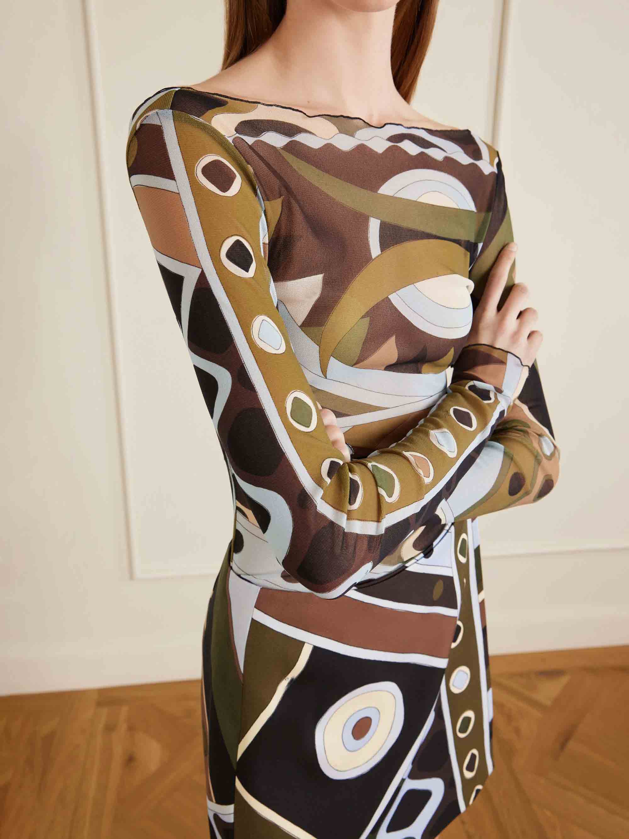 Retro Geometric Print Sheer Mesh Two-piece Set