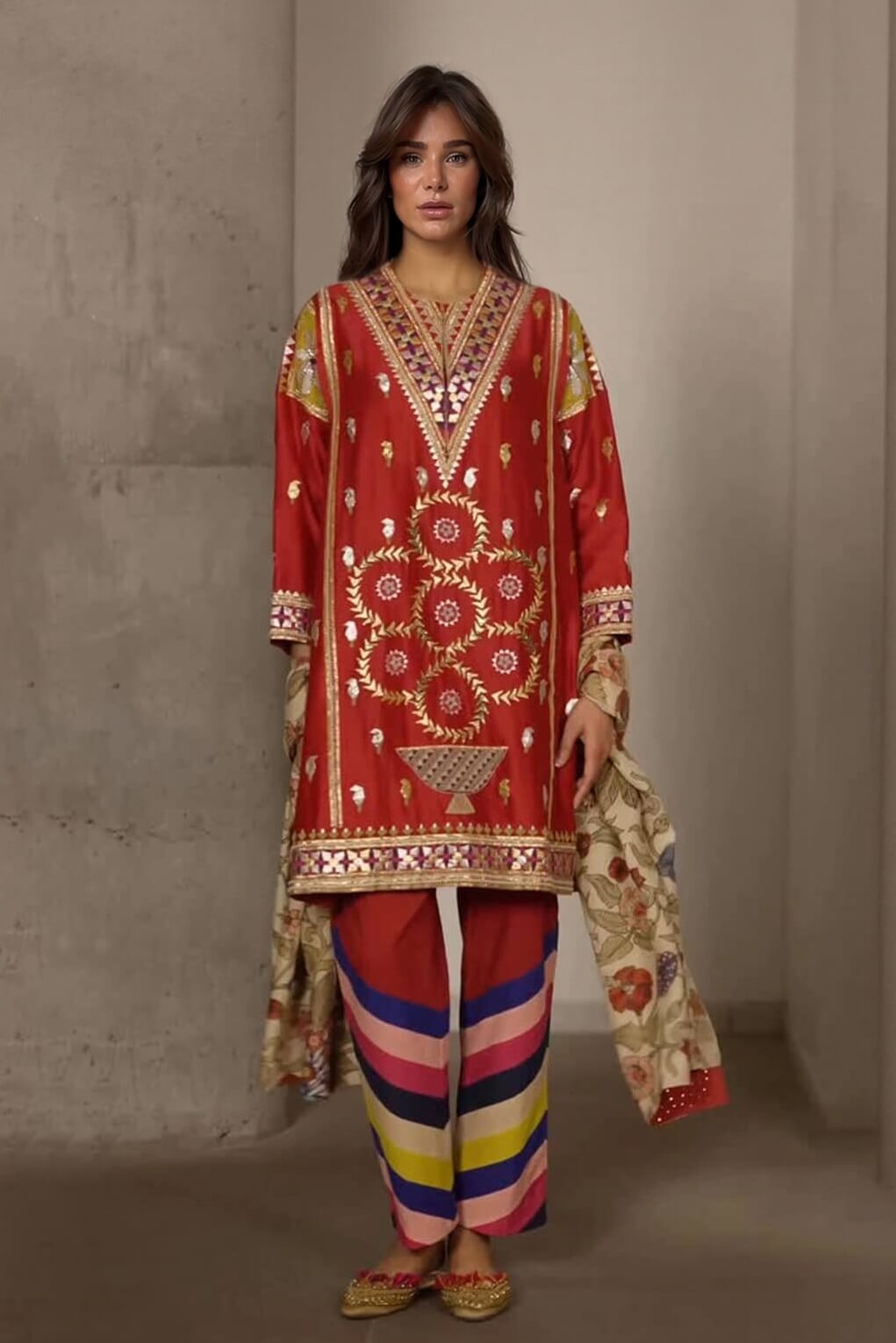 Unique Rainbow Stripe Printed Elastic-Waist Straight-Leg Pants